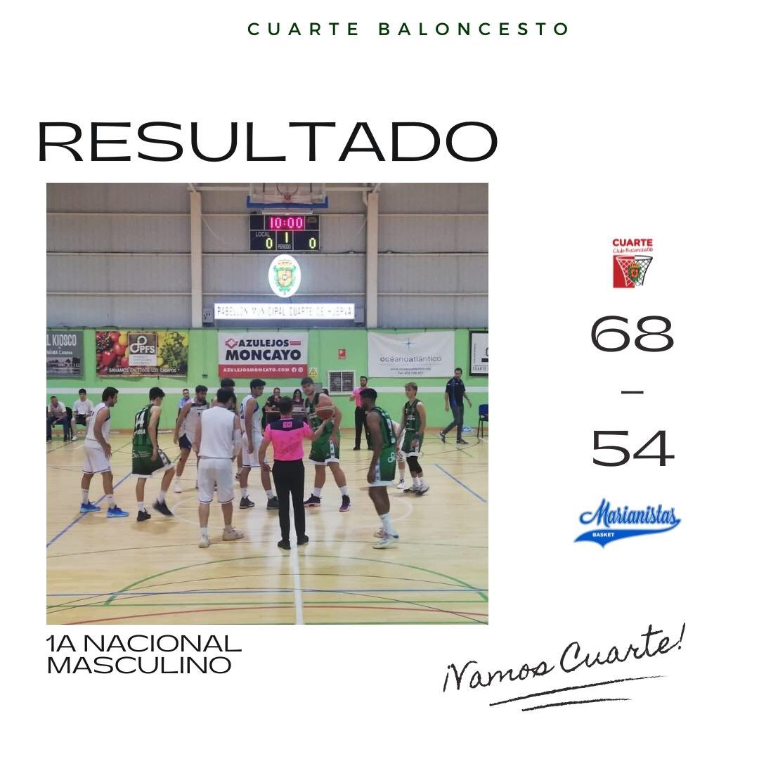 CBCuarte's tweet photo. RESULTADO 1/10/2022 🏀
1a Nacional Masculino
Segunda victoria, esta vez en casa, frente a un fuerte rival que supo mantenerse al acecho y luchar hasta el final. Enhorabuena por el partido a @bsktmarianistas y a nuestros chicos por la victoria.
#vamoscuarte🏀💚 https://t.co/rwPLx0j5Ih