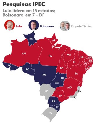 Elias_Cabeza's tweet photo. Lula arrasa en 15 estados, Bolsonaro en 7 y 3 estados con empate técnico. 

#BrasilElige https://t.co/v2tD7yX7h2