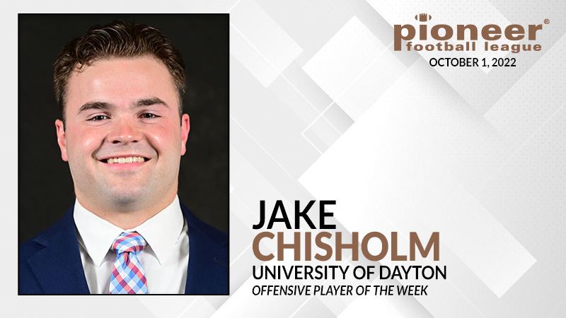 pioneerftbl's tweet photo. 𝗣𝗙𝗟 𝗢𝗳𝗳𝗲𝗻𝘀𝗶𝘃𝗲 𝗣𝗹𝗮𝘆𝗲𝗿 𝗼𝗳 𝘁𝗵𝗲 𝗪𝗲𝗲𝗸
@DaytonFootball RB Jake Chisholm. 
Had 24 carries for 131 yards and 2 TDs for his 1st 100-yard outing of 2022 and 11th of his career in a PFL win against Drake.  #FCS https://t.co/cQJKqKzkkG