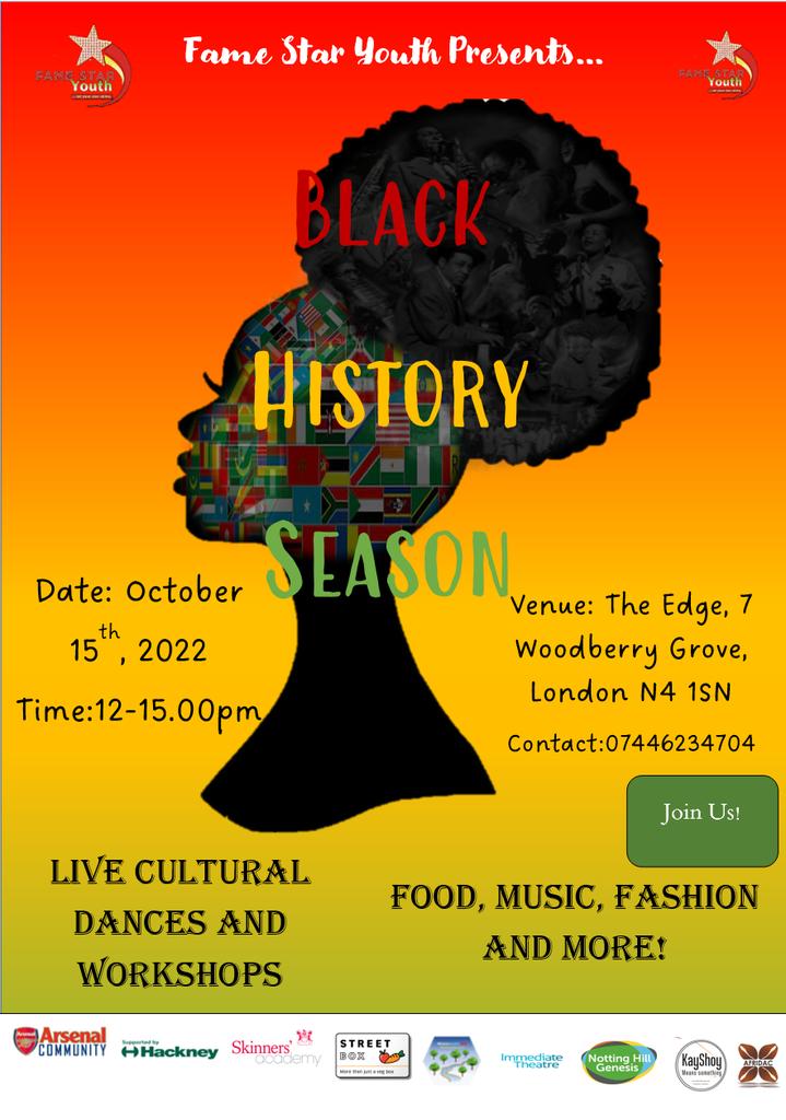Come and join #Famestaryouth #Blackhistoryseason event on Saturday 15th of October 12 -3pm. @mayorofhackney @NHGhousing @AFCCommunity @afridac1 @younghackney @CarolineSelman @SarahWoodberryD @AnntoinetteBra1 @EttiSade @carowoodley @StreetBoxLDN @skinnersacademy @Immediate_T