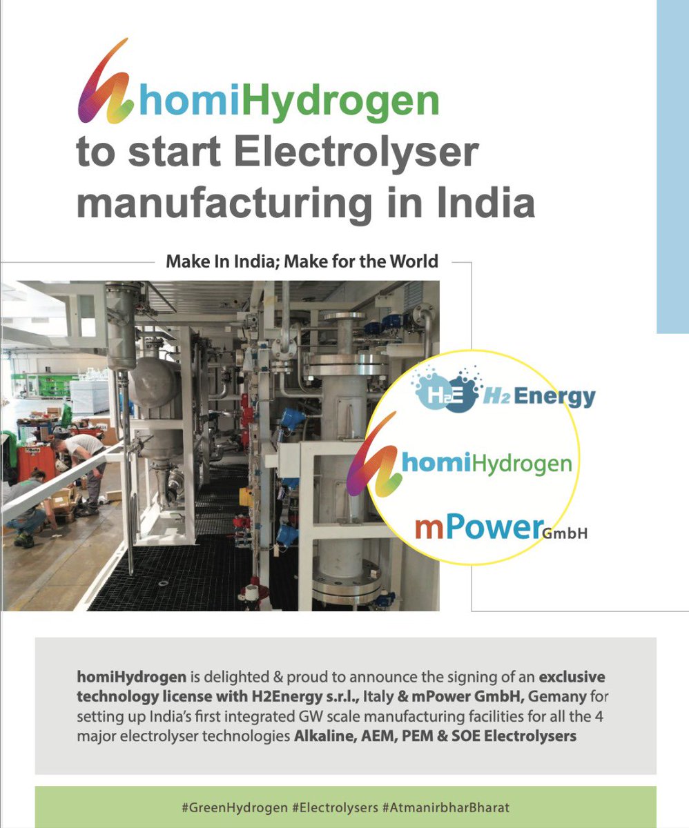 h2eSid's tweet image. #BIGAnnouncement 

@homi_Hydrogen has signed Technology Transfer &amp;amp; Manufacturing Agreement #H2Energy Italy &amp;amp; @MPowerInside for #Alkaline #PEM #AEM &amp;amp; #SOE electrolysers

homiHydrogen, a JV @h2epower @bluebasiceng #Greenstat 🇮🇳 🇩🇪 🇮🇹 🇳🇴 

Proud to Make It Happen in 🇮🇳

@mnreindia