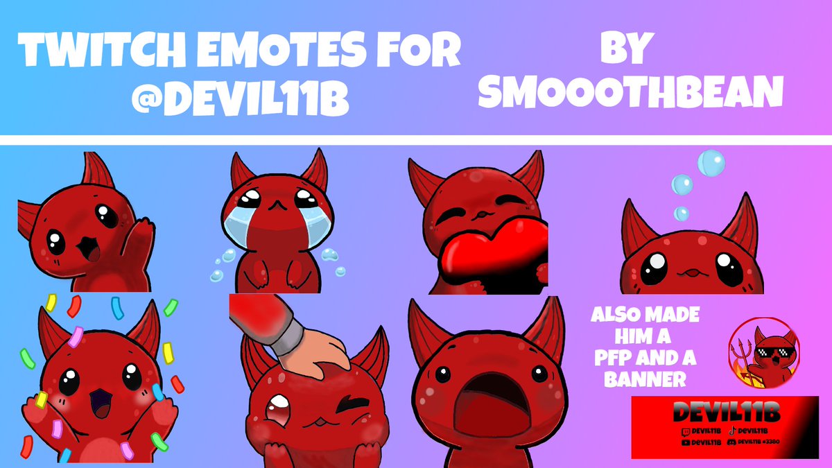 Just finished these cool 'devil themed' emotes for @Devil11B spent all weekend also managed to make a brand new pfp and a new banner! they turned out quite good imo :) Devil is very happy with them if u want to check them out go to twitch.tv/Devil11B drop him a follow!💙😈