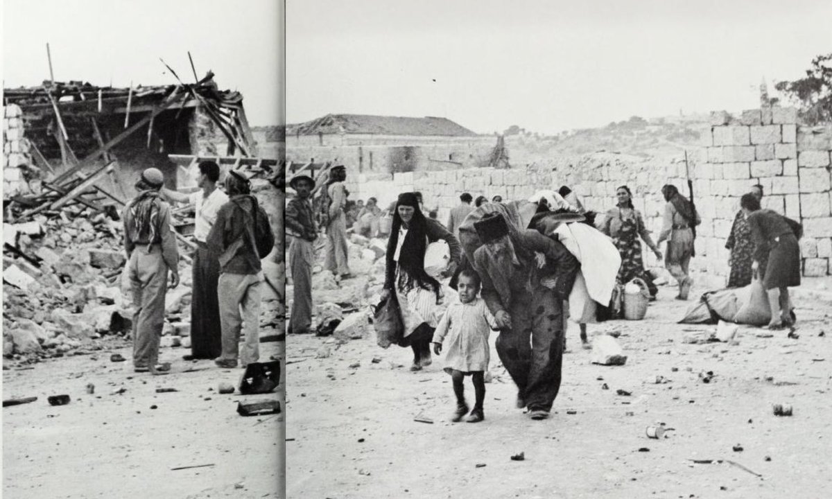 Claire_V0ltaire's tweet photo. When the Jewish Quarter was overtaken by the British-led Arab Legion &amp; Palestinian militias in 1948, Families who lived there for centuries were given less than 1 hour to pack and flee. Pictured here is Daniel Levy, staggering toward Ashkenazi Square with a frightened child. https://t.co/A5coSWhejg
