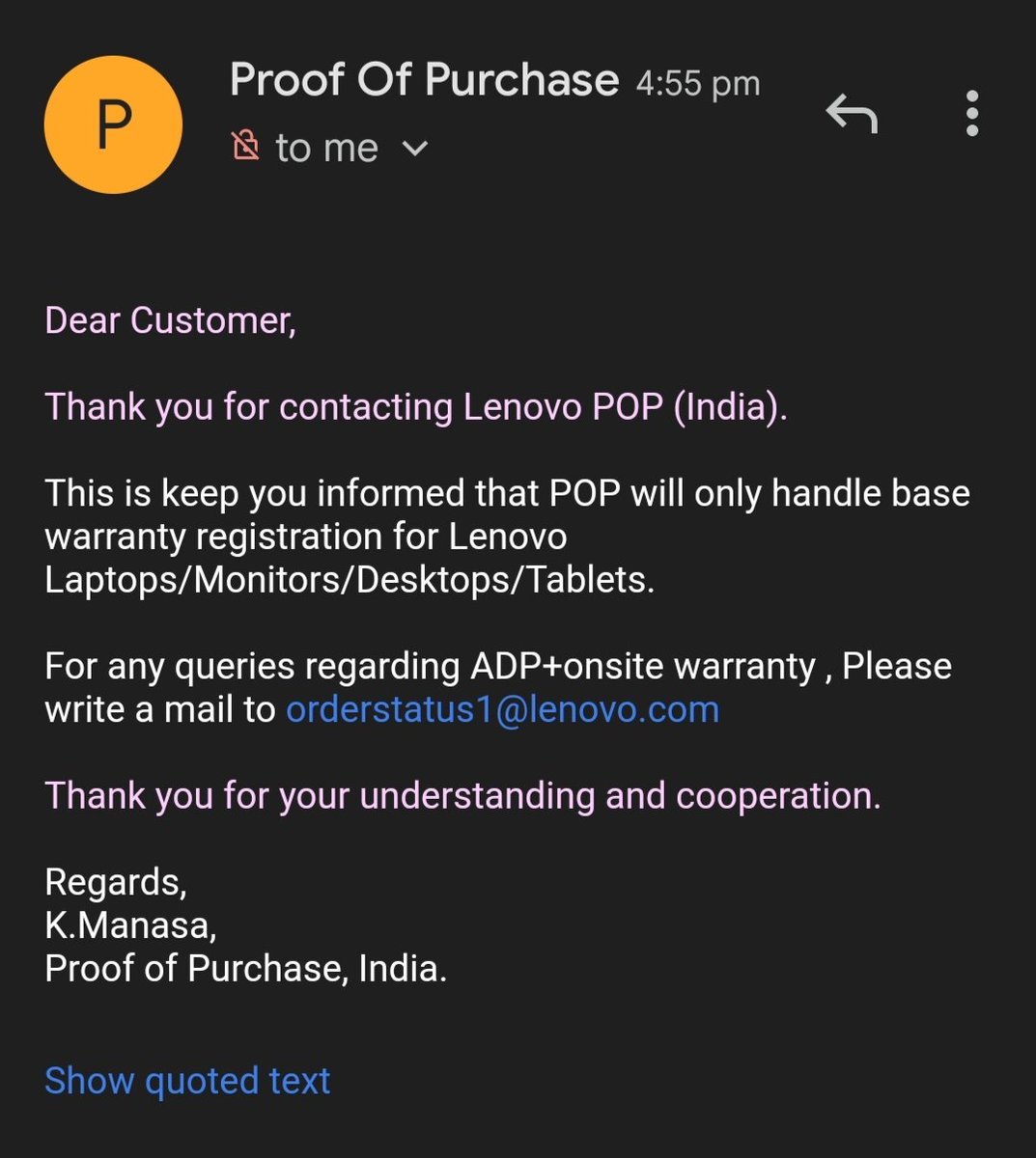 Kanav25_'s tweet photo. Had a issue with my Warranty update of my laptop and I mailed @Lenovo_in on 24 Sept 2022 and after exchanging 12 to 15 mails for 8 days they told me that I am mailing to the wrong department. Now this is too much.
#poorcustomerservice #uneducatedstaff #disappointed https://t.co/Uv2rgbFLl3