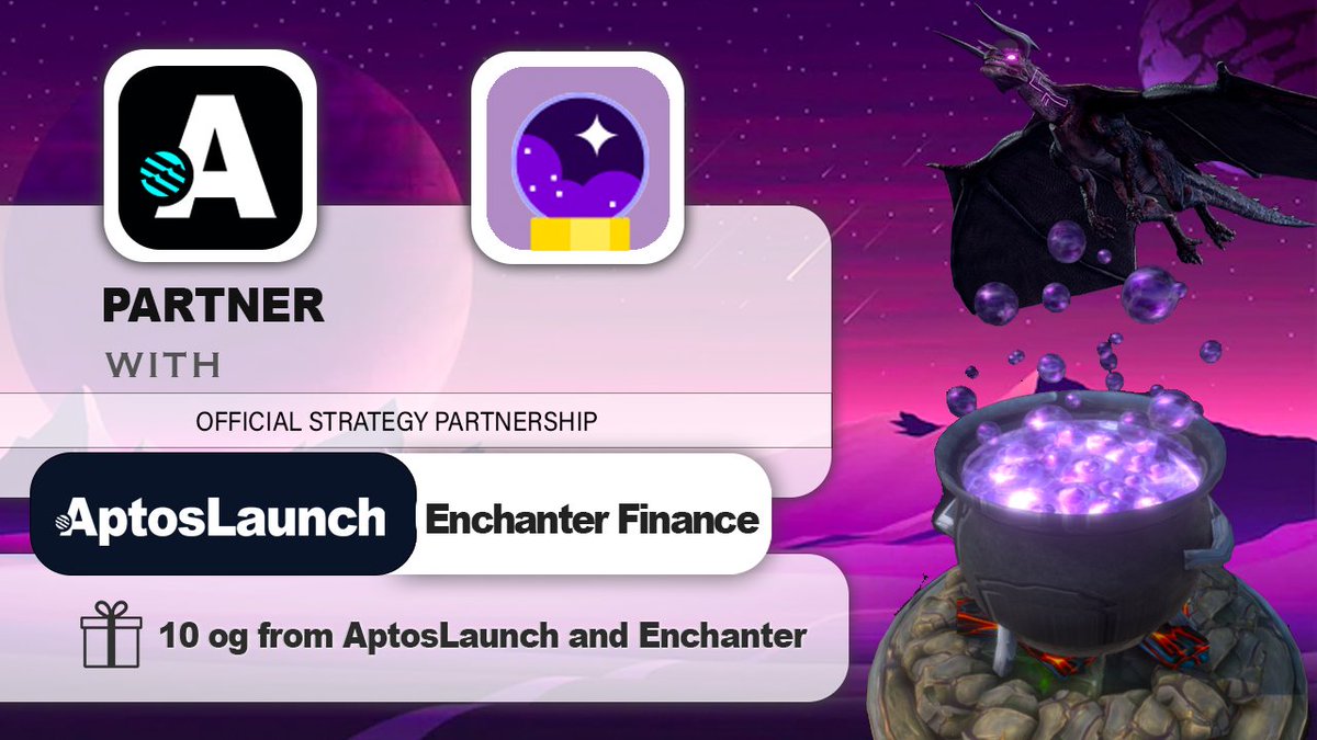 Happy to announce our strategic partnership from 
<a href="/EnchanterFi/">Enchanter Finance 🔮</a> 🔥
10 OGs <a href="/AptoslaunchIO/">AptosLaunch</a> &amp; 10 OGs <a href="/EnchanterFi/">Enchanter Finance 🔮</a>
  #DEX

1. Follow
 <a href="/AptoslaunchIO/">AptosLaunch</a>
&amp; 
<a href="/EnchanterFi/">Enchanter Finance 🔮</a>

2. Like and Retweet
3. Tag 3 friends
4. Join Our Discord discord.gg/cC33ryfSx8

#Aptos #AptosEcosystem 
<a href="/AptosLabs/">Aptos Labs</a>