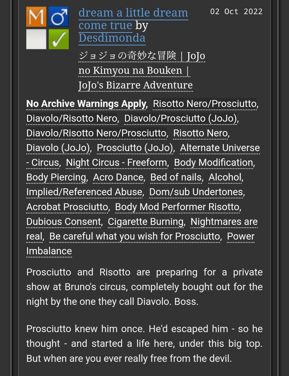 grabthemhorns's tweet photo. dream a little dream come true 
M 5.2k
Dia/Ris/Pro
--
A private show at Bruno's night circus from Risotto and Prosciutto's erotic, sensual act, gets Diavolo exactly what he wants.  
--
Written for @MDelightZine ! 
Link below 🔽 https://t.co/4XriHjFzsF