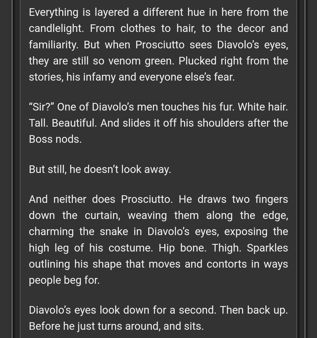 grabthemhorns's tweet photo. dream a little dream come true 
M 5.2k
Dia/Ris/Pro
--
A private show at Bruno's night circus from Risotto and Prosciutto's erotic, sensual act, gets Diavolo exactly what he wants.  
--
Written for @MDelightZine ! 
Link below 🔽 https://t.co/4XriHjFzsF