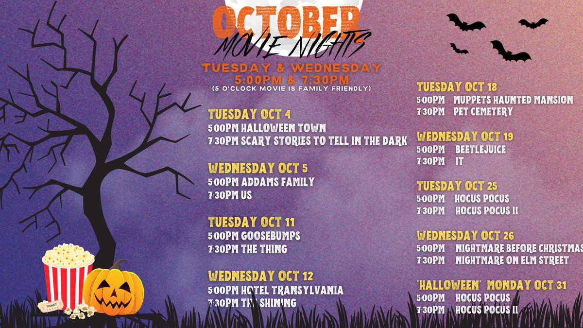 October Movie Nights have been moved to Tuesday &amp; Wednesday!! 🍿
 
First showing is geared towards being family friendly! 🙂
 
Will be shown on the rooftop and indoors! You can definitely bring things to snuggle up with to stay warm 🥰
 
Reservations at Resy.com