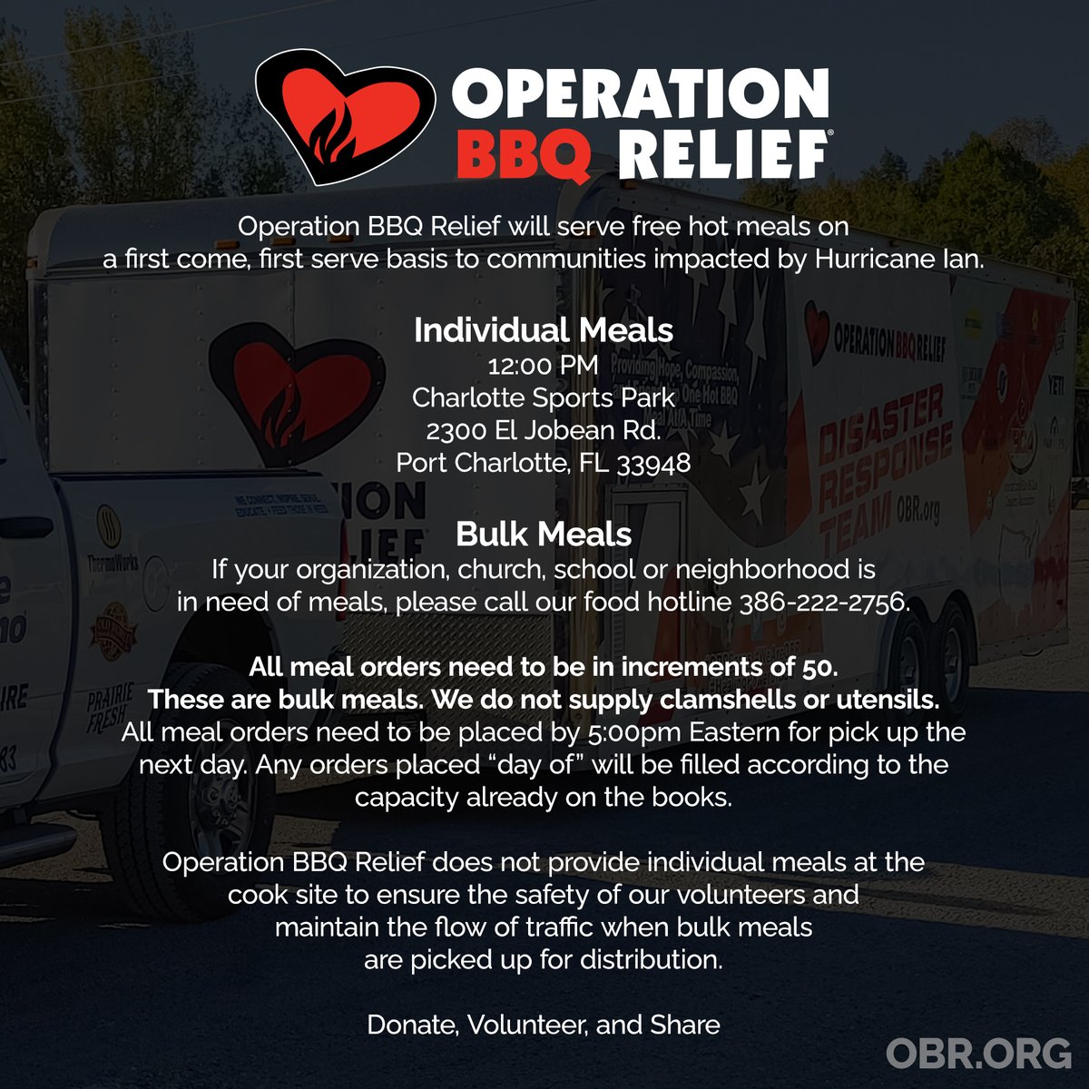 OpBBQRelief's tweet photo. Free BBQ.
Donate and Volunteer
https://t.co/4XB9q1IkPB
#HurricaneIanRelief #HurricaneIan2022 https://t.co/7aPOnknFOR