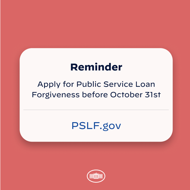 WhiteHouse46's tweet image. If you are a public school teacher, frontline public health worker, or veteran – you may be eligible to have all your federal student loan debt forgiven under temporary changes to the PSLF Program.

Apply by October 31. Learn more at PSLF.gov.