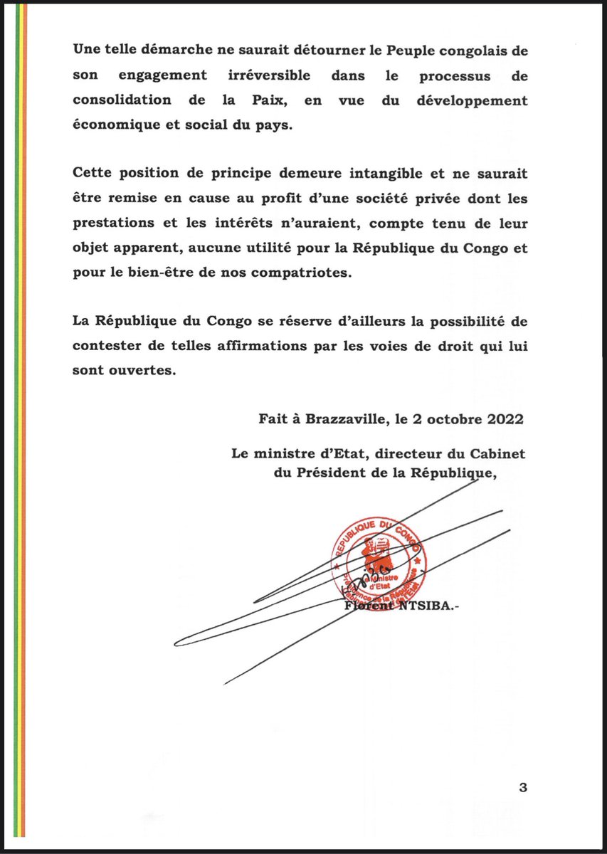 COMMUNIQUÉ DE LA PRÉSIDENCE DE LA RÉPUBLIQUE : le Congo dément avec fermeté les allégations du journal en ligne <a href="/Africa_In_FR/">Africa Intelligence</a> sur la possibilité d’ouvrir les installations du port de Pointe-Noire à la société paramilitaire privée russe #Wagner.  

Lire su-contre :