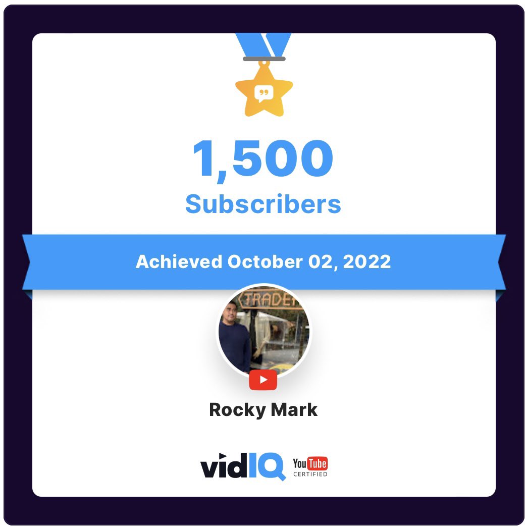 RockyMarkVntrs's tweet photo. Thankful for #1500Subs on @YouTube @YouTubeCreators 

Great milestone alerts from @vidIQ https://t.co/XJvo9hS7Xk
