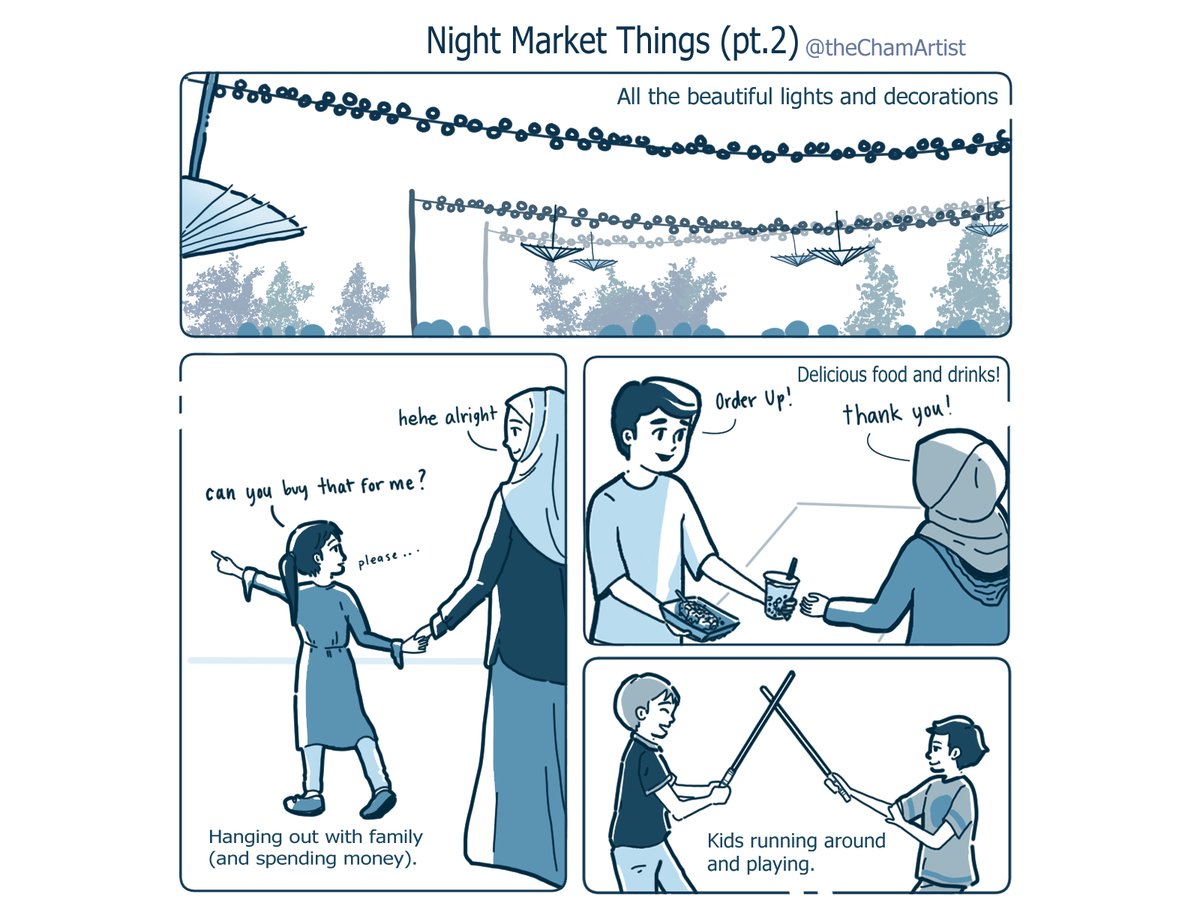 thechamartist's tweet photo. “Night Market Things”;  I wanted to share little moments from the night markets in a simple comic format. Enjoy! #summer  #food #family #art #muslim #cuteart #CLIPSTUDIOPAINT #CLIPSTUDIO #digitalart https://t.co/hUpOPe1l2O