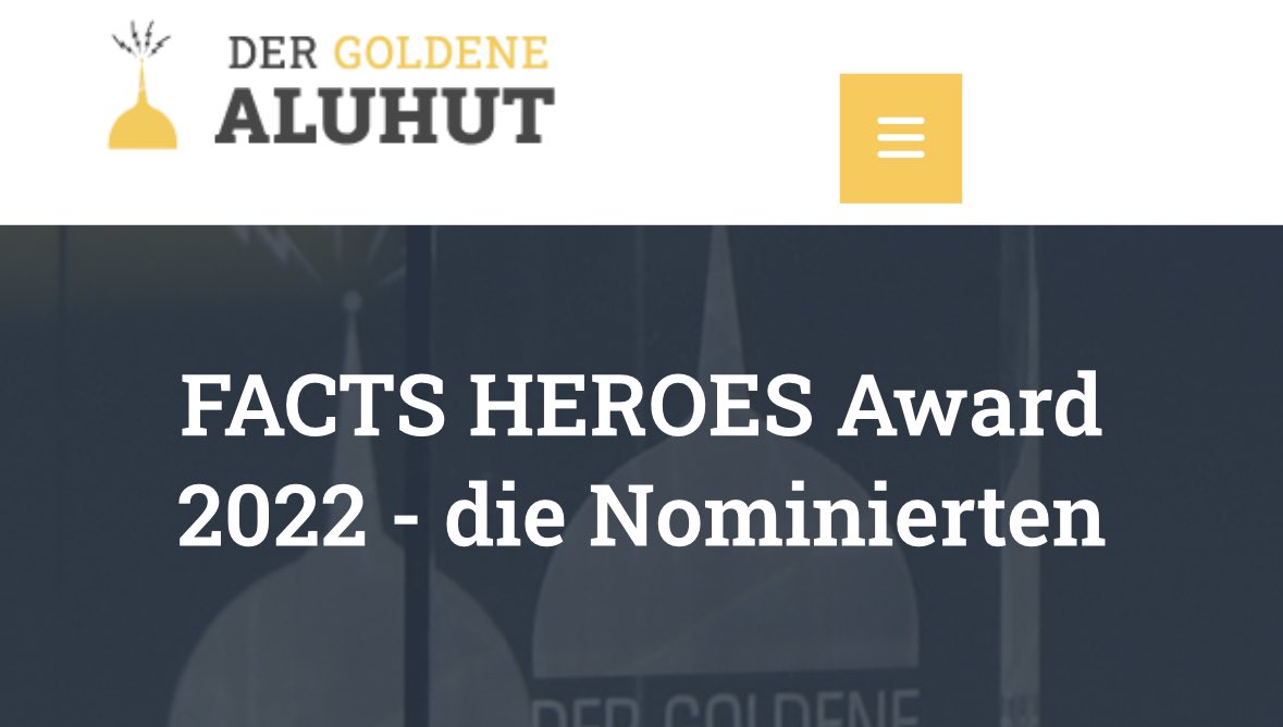 Ach wie toll, Die #Globukalypse ist gleich mehrfach für den Facts Heroes Award 2022 nominiert. Einmal für unsere neue Website, dann als INH und zudem sind noch die GWUP, Onkel Michael und AnthroBlogger mit dabei. Bis 10.10. könnte ihr für uns abstimmen. :) dergoldenealuhut.de/facts-heroes-a…