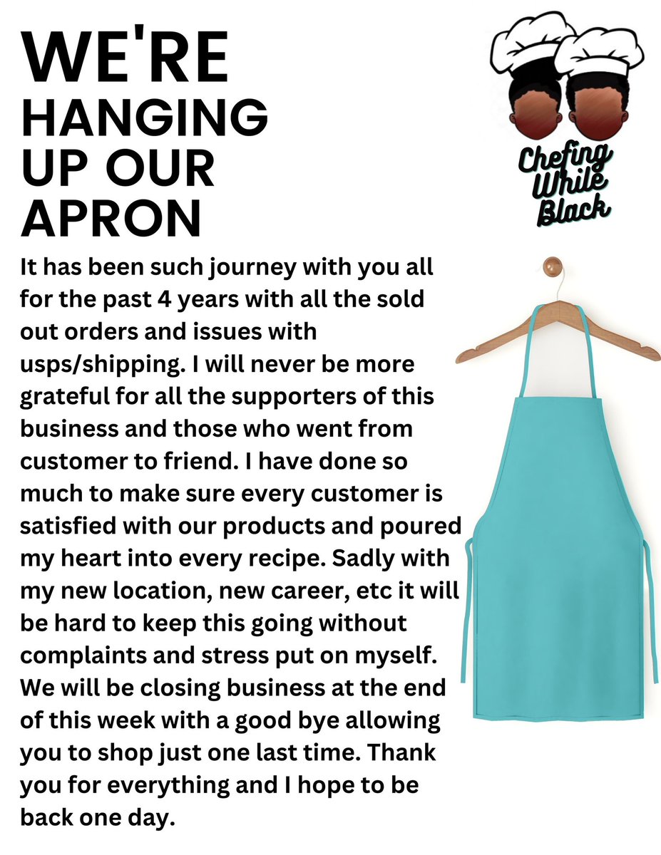 It’s been such a hard decision but we are shutting down business. But before we go we are having one final go and selling our best products. Thank you for all of your support. ChefingWhileBlack.com