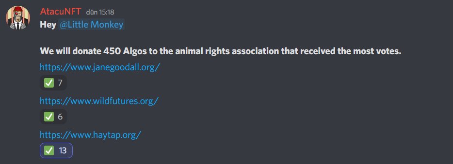 Our community has made its decision. 

450 Algo donations will be made tomorrow to the animal rights association that receives the most votes.

 Many thanks to everyone who contributed to this. 

Let's continue to succeed together!🚀

#algofam #AnimalRights