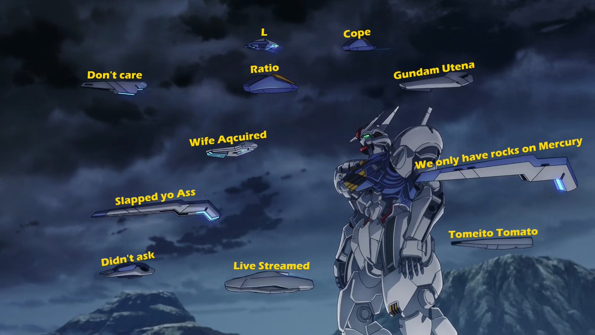 DiscoJacen's tweet photo. To celebrate the launch of #gundam #G_Witch here's a little meme with slight spoilers. Looking forward to the next episodes! https://t.co/YSBHZLMSHl