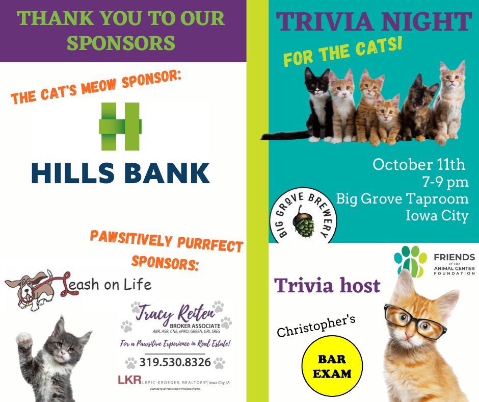 Join us for Trivia Night and raise money for the cats at the Iowa City Animal Center! facf.org/events/2022-fa…

#iowacity #trivia #iowacitytrivia #biggrove #biggroveiowacity #iowacityfoodie #iowacityanimalcareandadoptioncenter