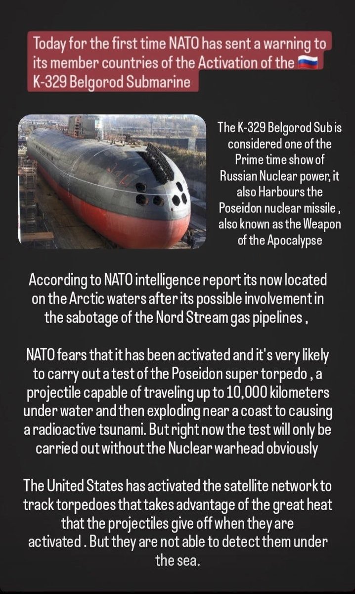 crispSV's tweet photo. #NATO warned member countries of #Russia submarine 'Belgorod' departure from #Arctic. It can launch the "Apocalypse Weapon" Poseidon nuclear torpedo. Likely is now on #Kara Sea and moves Eastward , maybe to #Chukchi Sea #Alaska #OSINT https://t.co/BMBlUl47Bz
