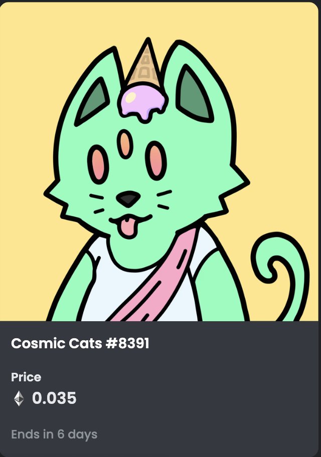 Hambotweets's tweet photo. Good afternoon @CosmicCats_ fam!

14 days until mutations!

Today's trait stats:

Aura Skin: (49/1698 listed)
Joint: (3/212 listed)
Dot Eyes: (4/222 listed)
Toga: (14/318 listed)

Hope everyone is having a relaxing weekend, fun things coming this week

#getcosmic #cosmiccats https://t.co/wj3h7jo4qQ