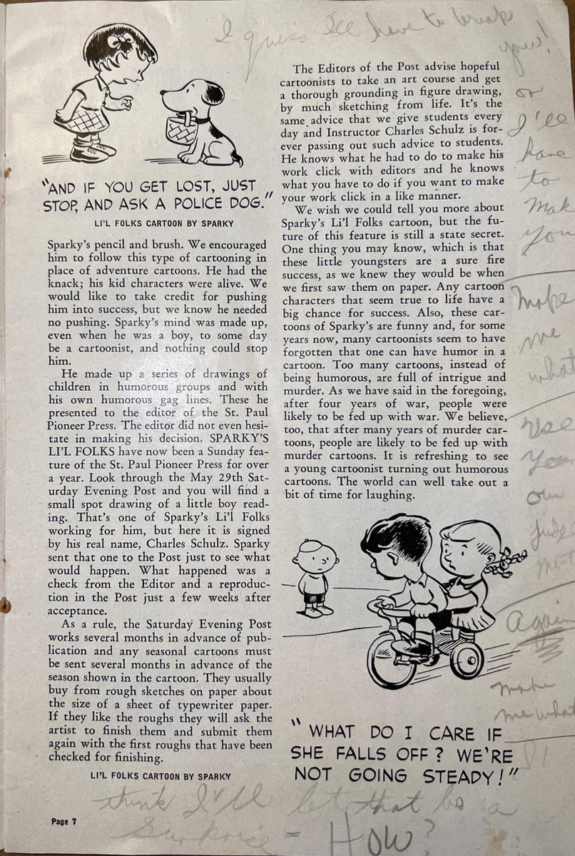 It's the 72nd anniversary of Charles Schulz's PEANUTS. Here's a hardly-seen article on Schulz's cartooning from more than two years earlier, from the magazine of Art Instruction, Inc, which was founded by my great grandmother's half brother.