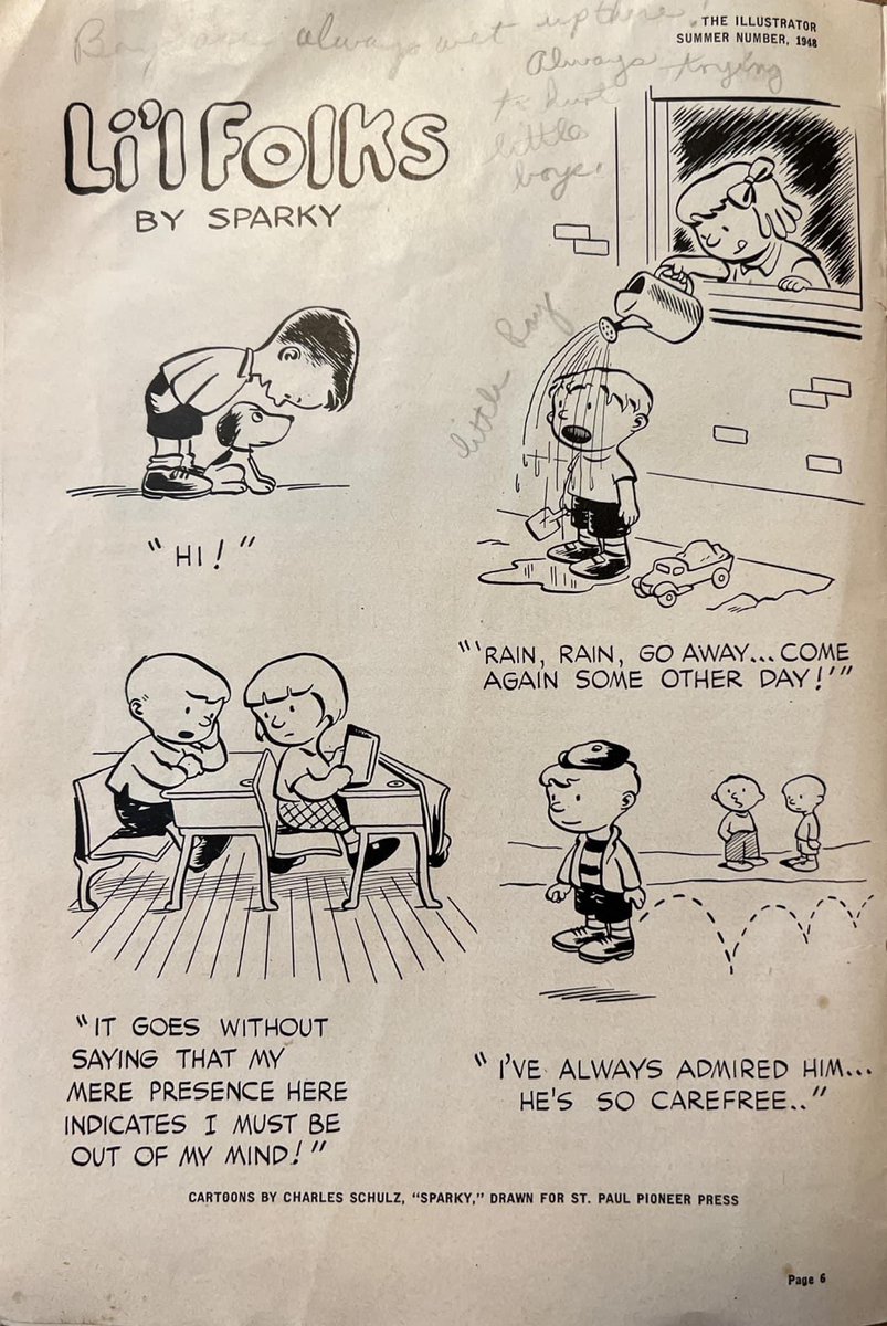 harrymccracken's tweet photo. It's the 72nd anniversary of Charles Schulz's PEANUTS. Here's a hardly-seen article on Schulz's cartooning from more than two years earlier, from the magazine of Art Instruction, Inc, which was founded by my great grandmother's half brother. https://t.co/qzNBkyQhHH