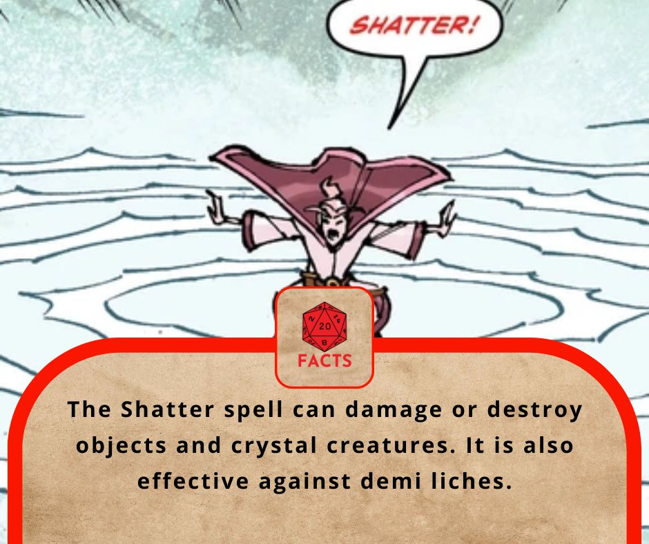 DailyDNDFacts's tweet photo. How have you used the shatter spell?

#dnd #dnd5e #5e #dungeonsanddragons #dungeonsanddragons5e #fact #dndfact #dndfacts #daily #dailyfact #dailyfacts #mini #dice #criticalrole #funfact #gaming #geek #fantasy #DM #dndmeme #dndmemes #ttrpg #tabletop #tabletopgaming https://t.co/VYOdxGd0OX