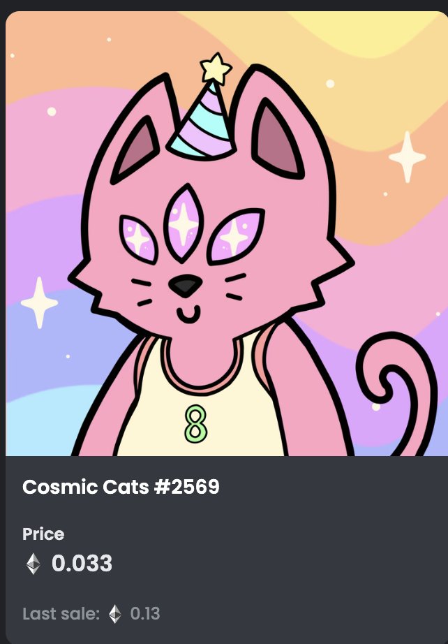 Hambotweets's tweet photo. Good afternoon @CosmicCats_ fam!

14 days until mutations!

Today's trait stats:

Aura Skin: (49/1698 listed)
Joint: (3/212 listed)
Dot Eyes: (4/222 listed)
Toga: (14/318 listed)

Hope everyone is having a relaxing weekend, fun things coming this week

#getcosmic #cosmiccats https://t.co/wj3h7jo4qQ