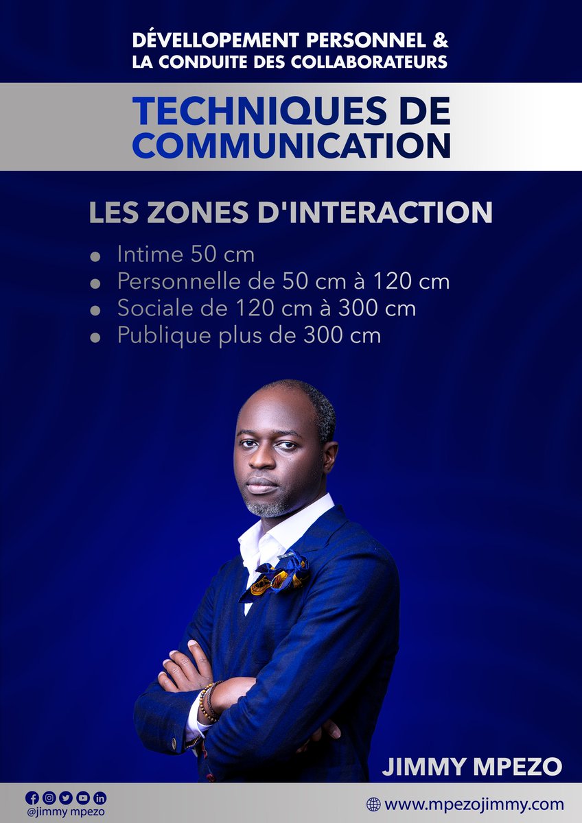Jimmy_Mpezo's tweet photo. #RDC Développement personnel &amp; Conduite des collaborateurs
#communication
Les #techniques
Les zones d'interaction:
*Intime <50 cm
*Personnelle de 50 cm à 120 cm
*Sociale de 120 cm à 300 cm
*Publique plus de 300 cm
#Masimanimba https://t.co/js2R2Wkq38 https://t.co/3jEM0dXaU4