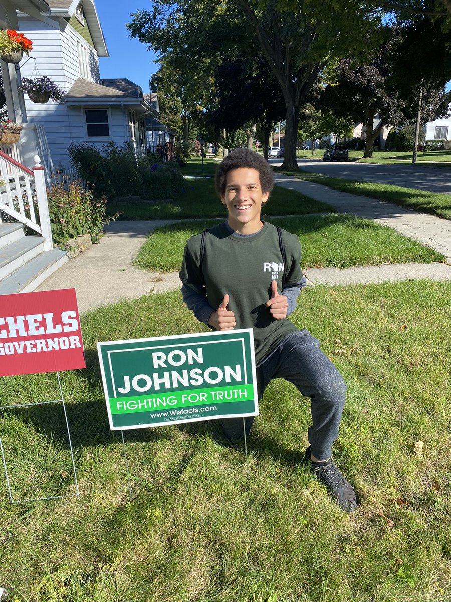 RconservativeA's tweet photo. @TeamRonJon Not only does he see the bigger picture - He staked his first lawn sign today too! #RonJohnsonSenator #WIRedWave  #WIYoungConservatives https://t.co/SOWgIBG8Mw