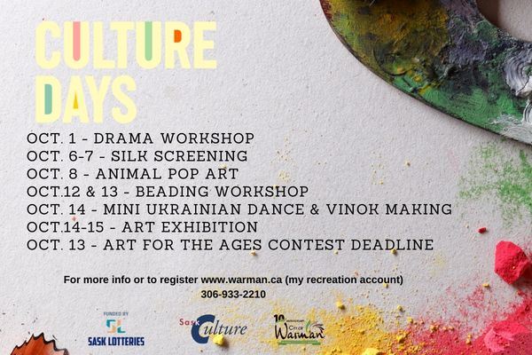 culturedaysSK's tweet photo. The #Warman #CultureDaysSK Hub has started! For the next two weeks, you can #FindTheFunSK at a variety of free events, including youth improv workshops, a beading workshop, and a Ukranian dance class.
Pre-registration is recommended as spots are limited. https://t.co/71sbVpM1Dv https://t.co/TLJEYagdYM