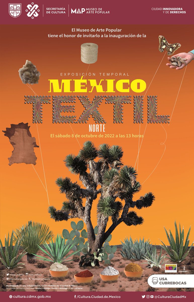 map_mexico's tweet photo. Te invitamos a la inauguración de la siguiente exposición temporal "México textil. Norte", una muestra de la producción y el diseño textil originario del norte del país. La cita es el sábado 8 de octubre a las 13 horas. #EntradaLibre https://t.co/0LnS2WQPF3