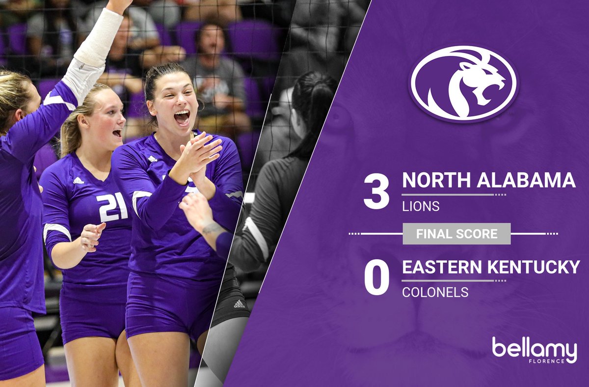 UNAAthletics's tweet photo. The Lions sweep Eastern Kentucky for the first conference win of the season‼️ Hayley Martin &amp; AK Griggs had 10 kills each 🦁🔥 

The Lions will travel to Jacksonville, FL this weekend to take on Jacksonville &amp; North Florida! #RoarLions https://t.co/J5QXIYsDcg