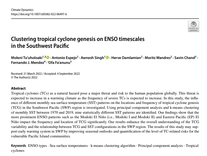 M_Wandres's tweet photo. El Niño does not equal El Niño. In this new paper we link different SST patterns or "flavours" of ENSO to the locations and frequency of tropical cyclone genesis in the southwest Pacific. #GEMDiv @spc_cps @spc_live
https://t.co/ZcgCaWftoe https://t.co/YaglAIftTS