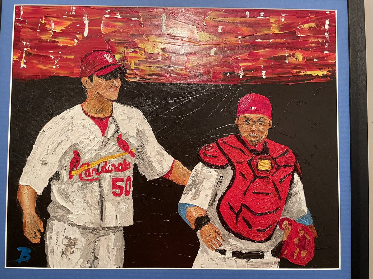 Today feels like a good day to share this very special painting by the incredible <a href="/Brubby2121/">Brian Harkless</a>.  A Christmas gift to <a href="/JCriz2/">Jason Crismon</a>, this captures the bittersweet joy we are feeling today as <a href="/UncleCharlie50/">Adam Wainwright</a> and <a href="/Yadimolina04/">Yadier Molina</a> have their last regular season start in St. Louis. ❤️🔋