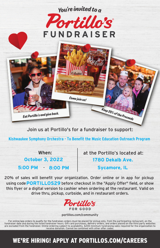SycMusicBooster's tweet image. Dinner planned! Please help support the Kishwaukee Symphony Orchestra Music Education Outreach Program by eating at Portillo’s Monday (5-8 p.m. Mon., Oct. 3 at Portillo's, 1780 DeKalb Ave. in Sycamore). Show the flyer or mention the KSO. #supportmusiceducationinyourcommunity