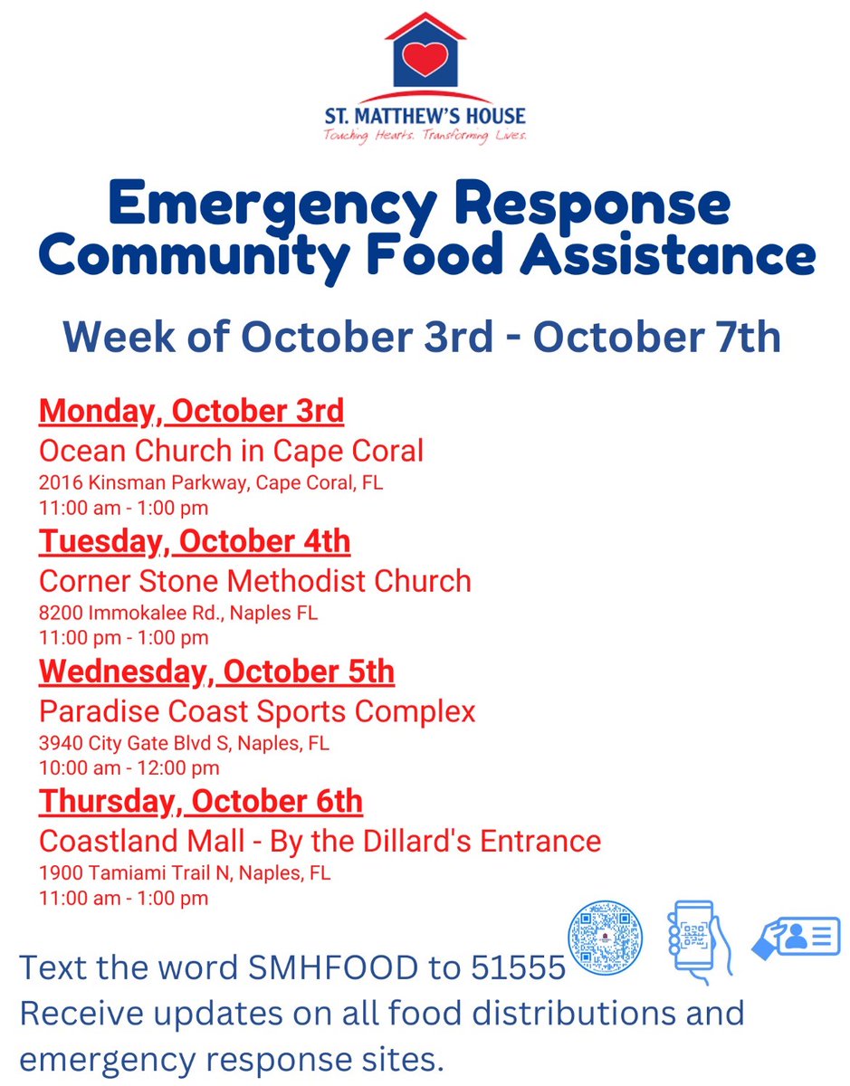 CollierGov's tweet photo. St. Matthew's House will be providing emergency response community food assistance throughout the week. See below for the locations and times from October 3rd to October 7th #CollierCounty #HurricaneIan https://t.co/UXVQeIeCVP