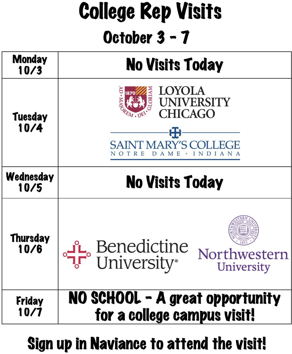 OLCHSStServices's tweet photo. @olchsdaily @OLCHSNews @olchsseniors 
Sign up in Naviance for any of these rep visits!
#olchspride https://t.co/yb9lVFKXzi