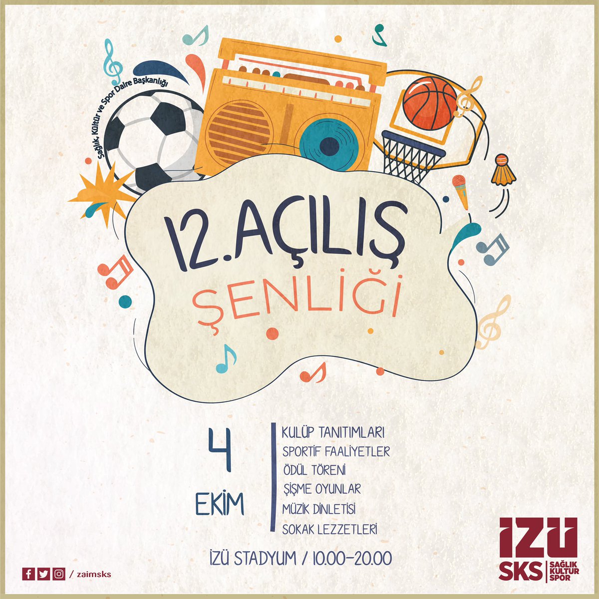 zaimsks's tweet photo. 12. SKS AÇILIŞ ŞENLİĞİMİZE DAVETLİSİNİZ 🥳

Başkanlığımızca düzenlenmesi planlanan şenliğimizde

-Kulüp Tanıtımları
-Sportif Faaliyetler
-Ödül Töreni
-Şişme Oyunlar
-Müzik Dinletisi
-Sokak Lezzetleri

Sizleri bekliyor olacak 🥰

🗓 4 Ekim 2022 Salı
⏱ 10:00 - 20:00
📍 İZÜ Stadyum https://t.co/6akZ093NNR
