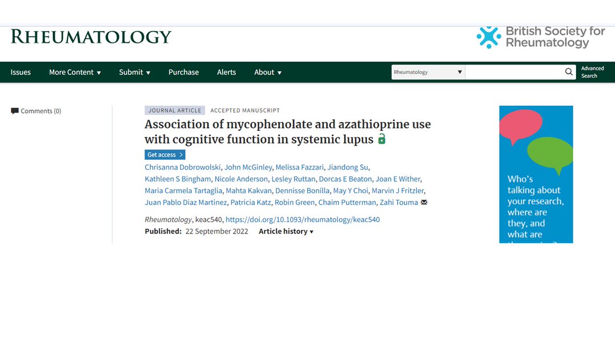 📢Check our study #LUPUS Cognitive Impairment [CI] 
Mycophenolate MMF &amp; Azathioprine AZA💊 penetrate 🧠 &amp; can inhibit microglia activation
AZA was associated with lower odds of SLE-CI while MMF use was not 

pubmed.ncbi.nlm.nih.gov/36135792/
<a href="/ChrisannaDobrow/">Chrisanna Dobrowolski, MD, MS</a> <a href="/uhnfoundation/">UHN Foundation</a> <a href="/katie_bingham/">Katie Bingham</a>