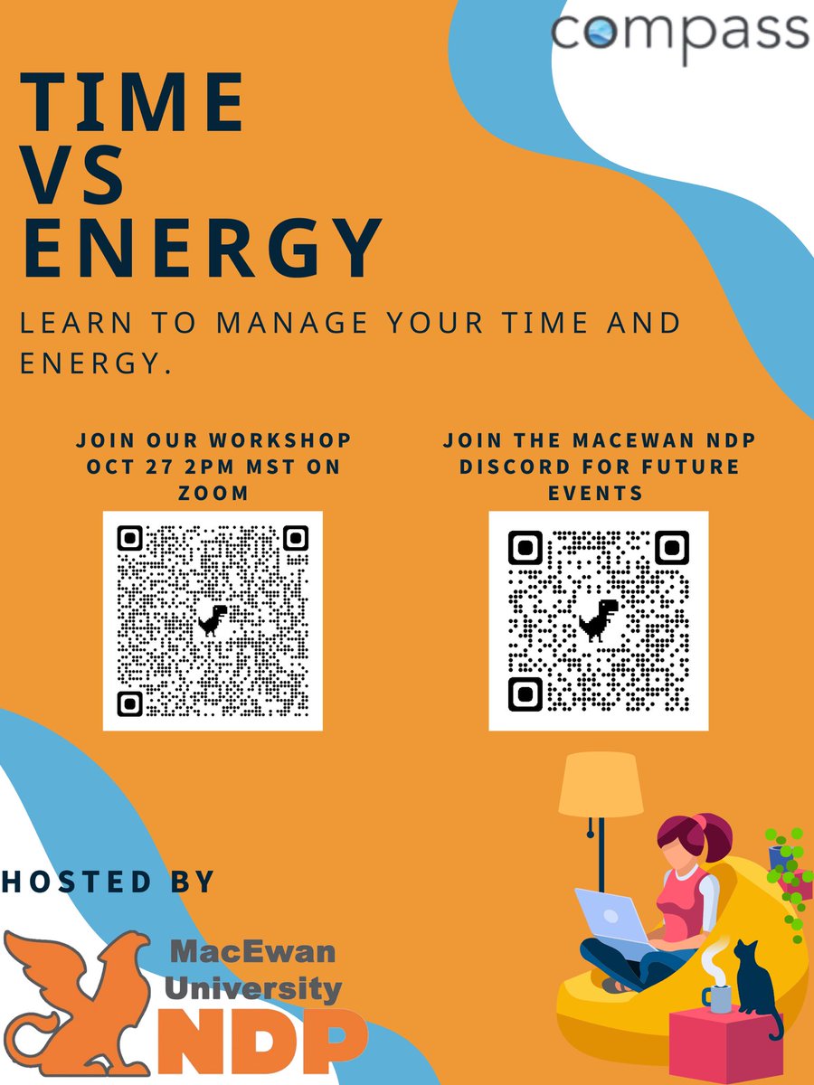 Join us on October 27th on Zoom at 2 pm for a mental health workshop. Join us with Eve Staszczyszyn, co-founder of Compass, to discuss what it means to manage time and energy effectively! Open to all #MacEwan students!