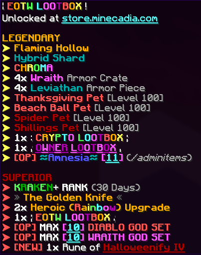 PlayMinecadia's tweet photo. The EOTW Lootbox has officially been released on the Minecadia store! 🌎

In celebration, we'll be giving away the following: 
🎆 1x EOTW Lootbox
🎇 2x EOTW Lootbox
🎆 3500x Gold

Follow us, Retweet, and Like to enter! 💛 https://t.co/dx4LGQGyu4