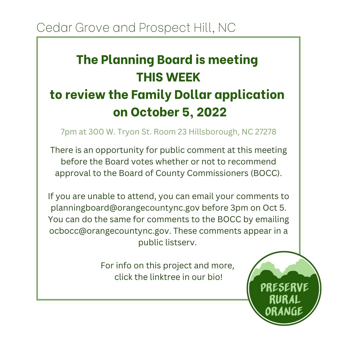 PRO_NC's tweet photo. If you're available, please consider showing up to the Planning Board meeting this week on Oct 5! Feel free to check the link in our bio to access more info on the effects of dollar stores. If you're able to attend, let us know how it goes! https://t.co/LTIHhWKRJ9