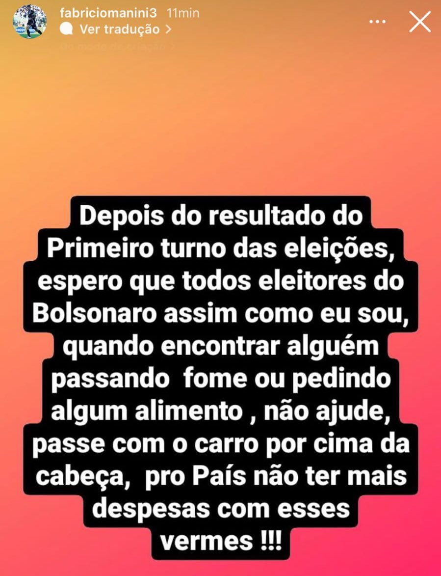 choquei's tweet photo. 🚨VEJA: O zagueiro Fabrício Manini (ex Ceará e Fortaleza) nos stories agora, logo após o anúncio do segundo turno das #Eleições2022 https://t.co/wjsAvQAr0O