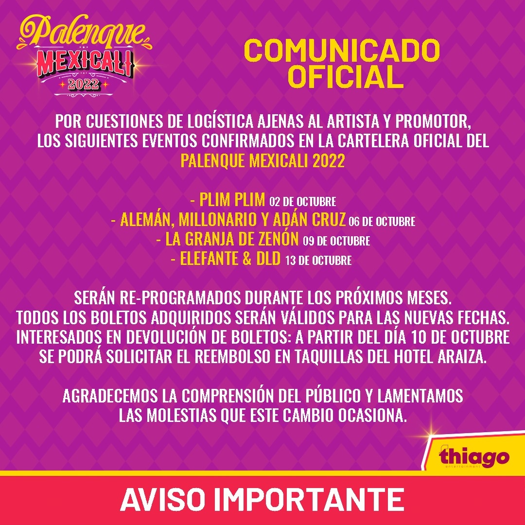 #AvisoImportante de #Palenque #FiestasDelSol #Mexicali