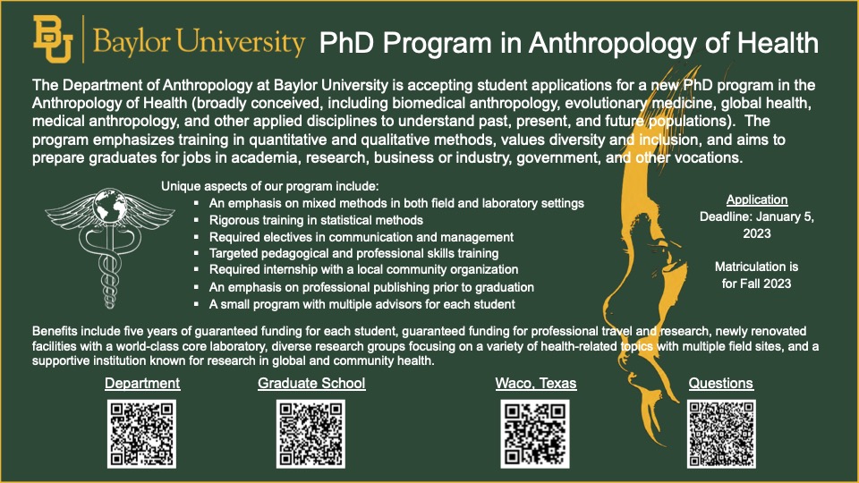 CALL FOR PHD APPLICANTS! Interested in pursuing a career using integrative approaches on #health? Our #PhD program might be right for you! State-of-the-art facilities. #Global perspective. Welcoming community.  Full funding. Applications due January 5th! #gradschool #anthropology