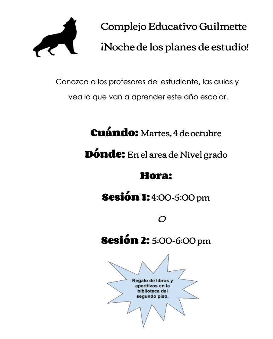 MiddleGuilmette's tweet photo. Guilmette families, 
We hope to see you this Tuesday, October 4th at our Curriculum Night. You can choose to come for session 1, from 4-5pm or session 2, from 5-6pm. This will give you an opportunity to meet your child's teacher(s) and get answers to any questions! https://t.co/Q2dsiSwvRn