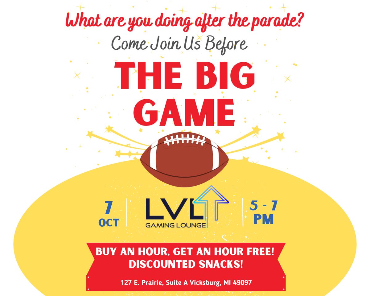lvlgaminglounge's tweet photo. Are you ready for announcement #2? This Friday only! Come see us after the parade! 🏈 #lvlup #vicksburgmi https://t.co/nivwOvfNYp