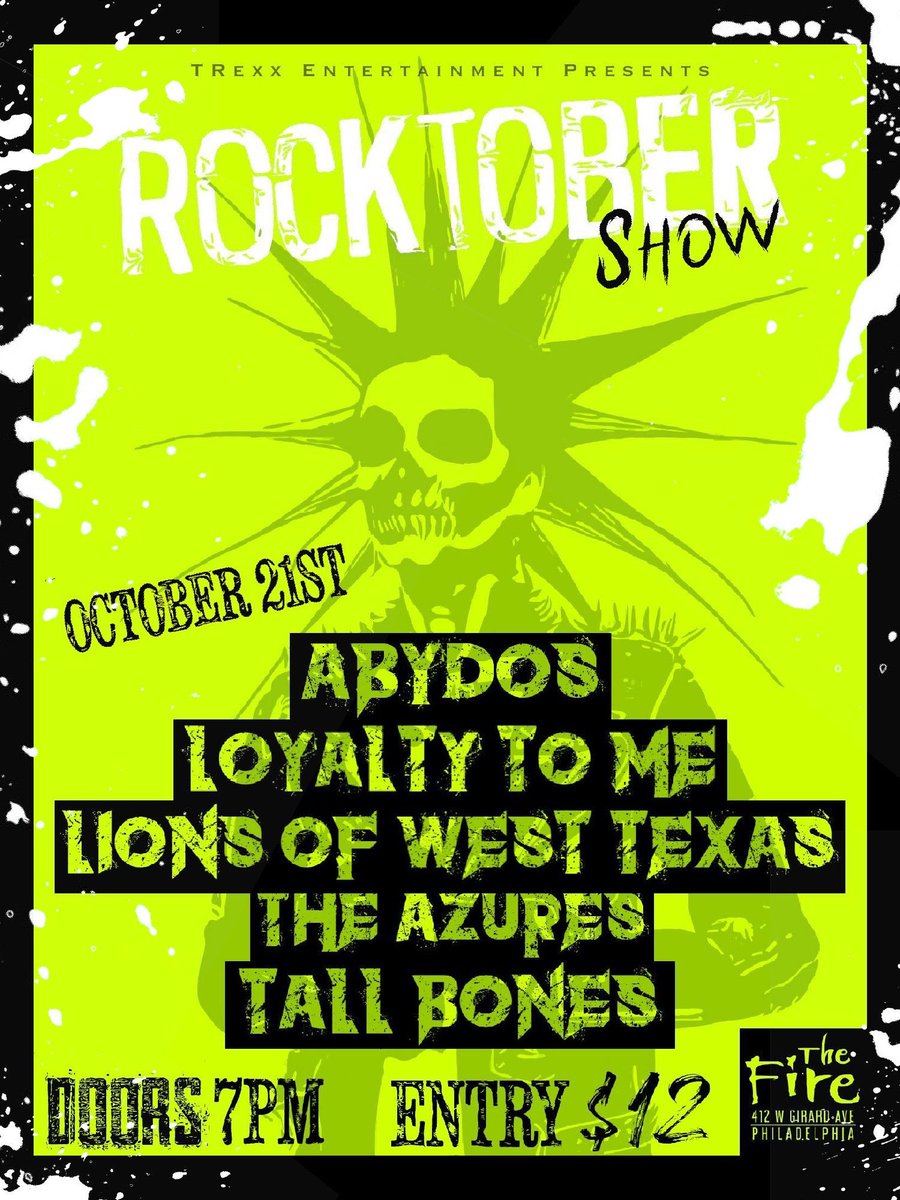 TRexxEnt's tweet photo. October 21st let’s go🤘🔥

#ATRBookings #TRexxEntertainment #TRexxUnderground #livemusic #rock #punk #hardrock #metal #death #live #concerts #music #metalhead #TheFirePhilly #metalcore #liveshow #metalshow #rockshow #rockconcert #musica #musicaenvivo #rockshow #bands https://t.co/weQZOI5YVX