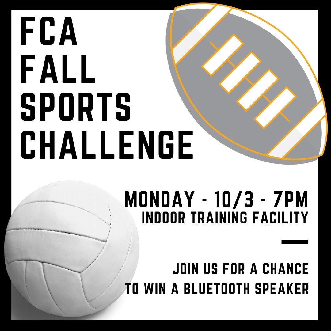 FHSU_FCA's tweet photo. TOMORROW NIGHT A SPECIAL FCA - FALL SPORTS CHALLENGE for Homecoming week!

Join us for a chance to win a Bluetooth speaker!!

7PM - Indoor Training Facility! https://t.co/shTjTRg5fm